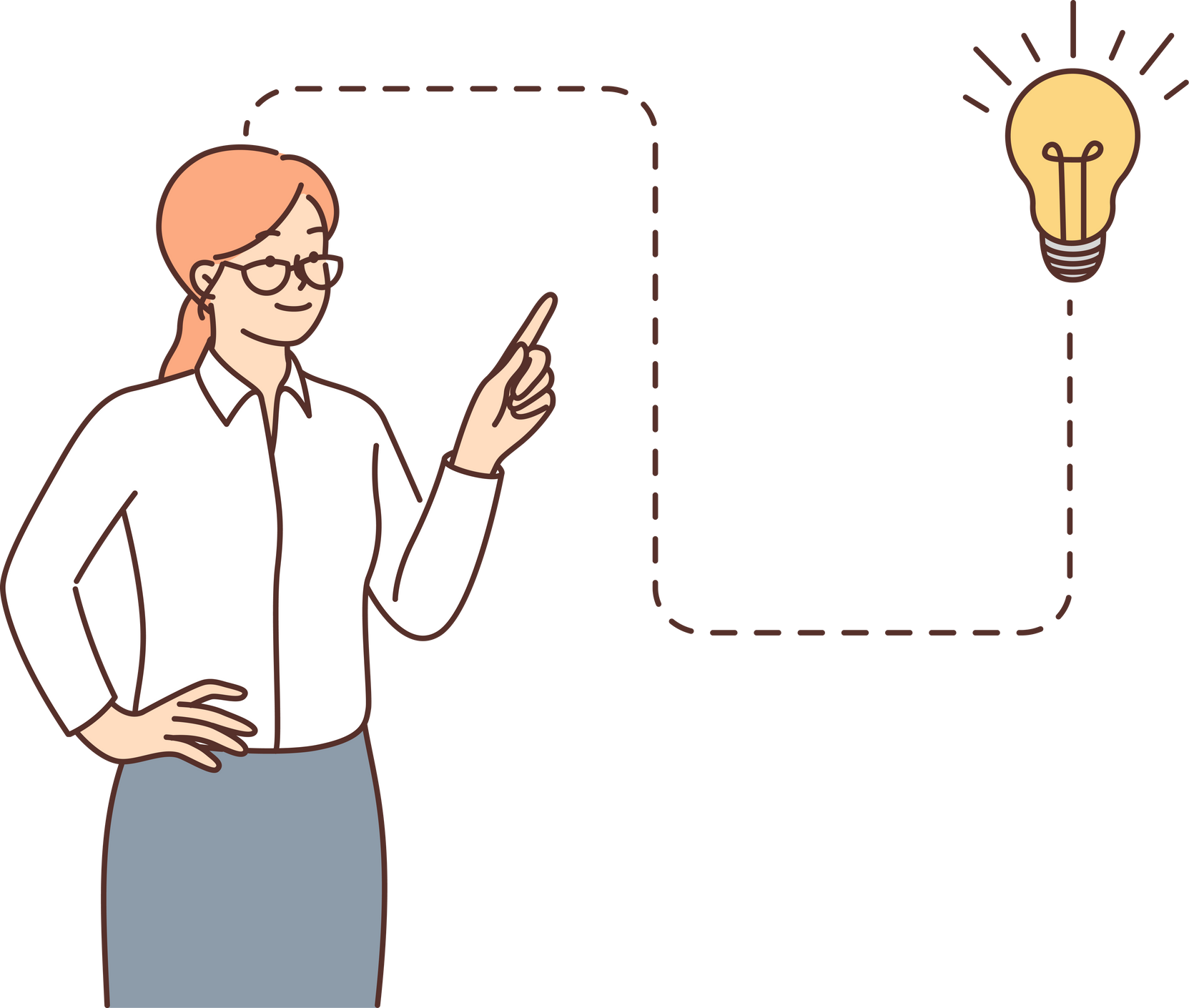 Business woman came up with idea points finger at light bulb suggesting marketing plan